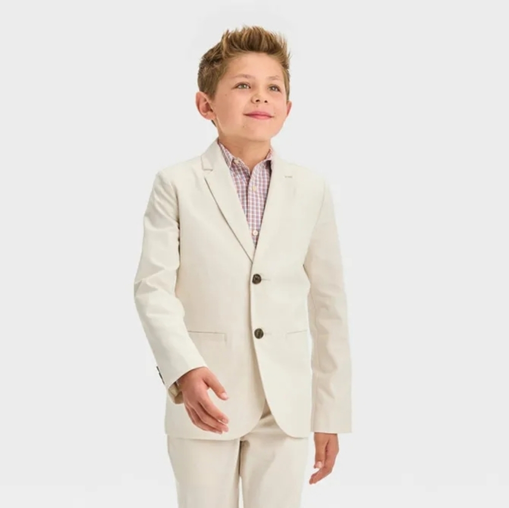 Boys' Dobby Blazer Jacket - Cat & Jack Light Beige 7 New! Stain on Collar